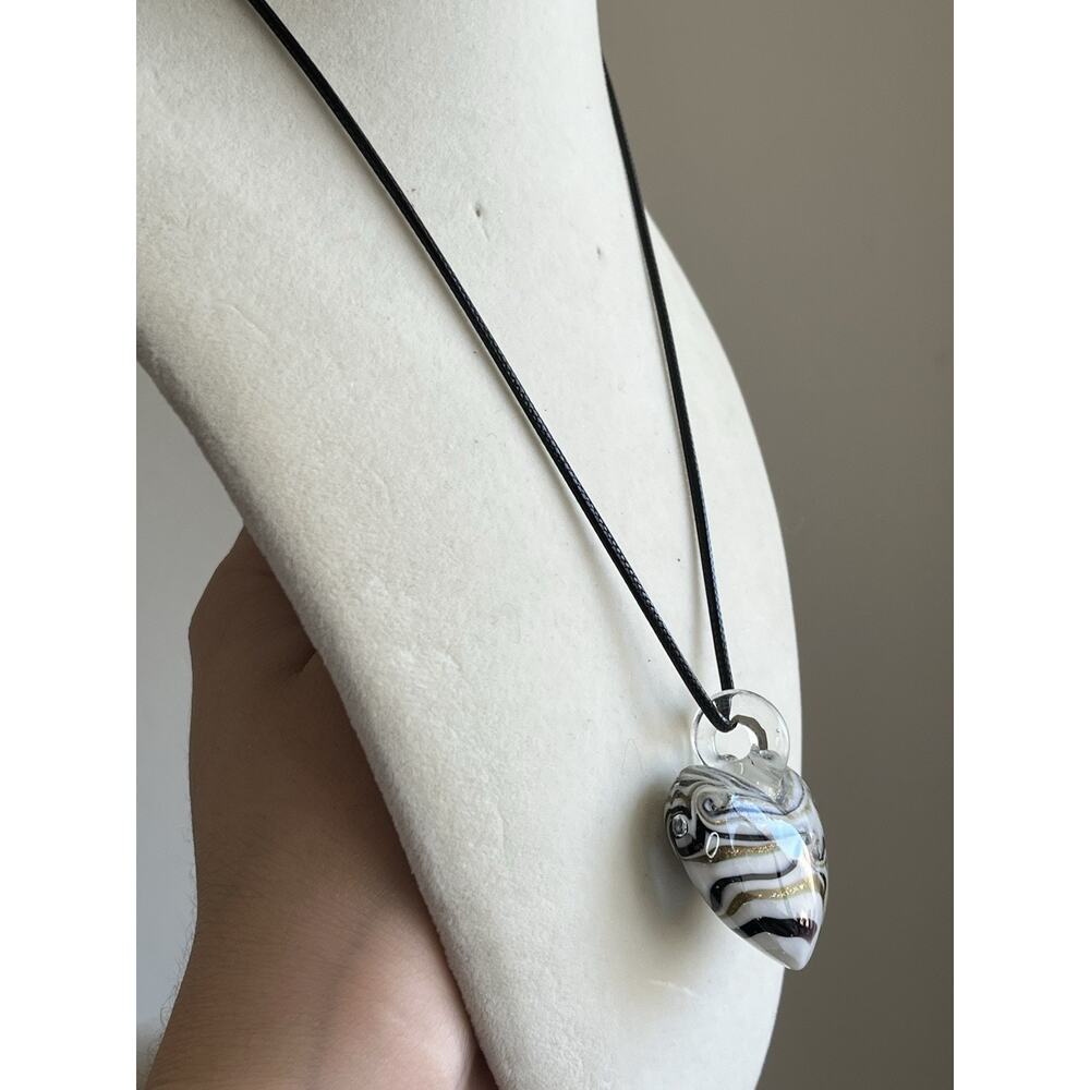 Hand Blown Art Glass Puffy Heart Pendant Clear with Black & Gold Swirls - Picture 2 of 6